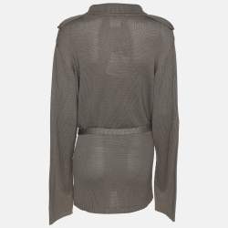 Pre Owned Marina Rinaldi Grey Rib Knit Button Front Sweater L