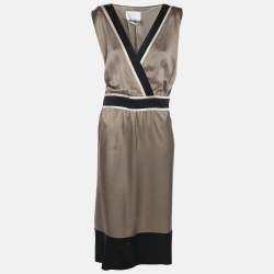 Pre Owned Voyage by Marina Rinaldi Metallic Beige/Black Sleeveless Mni Dress L