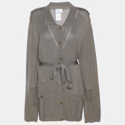 Pre Owned Voyage by Marina Rinaldi Grey Stretch Knit Belted Cardigan L