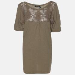 Pre Owned Marina Sport by Marina Rinaldi Khaki Jersey Knitted Embroidered Top L