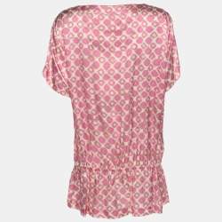 Pre Owned Marina Rinaldi Pink Printed Silk Short Sleeve Top L