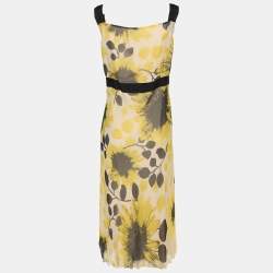 Pre Owned Marina Rinaldi Yellow Chiffon Sunflower Print Sleeveless Dress L