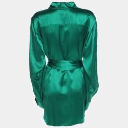 Pre Owned Marina Rinaldi Green Satin Scarf Neck Long Sleeve Shirt L