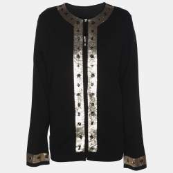 Pre Owned Marina Rinaldi Black/Gold Jersey Sequin Embellished Cardigan Set L