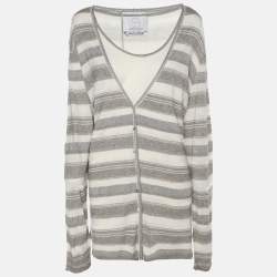 Pre Owned Voyage by Marina Rinaldi Grey/Off White Stripe Stretch Knit Cardigan Set L
