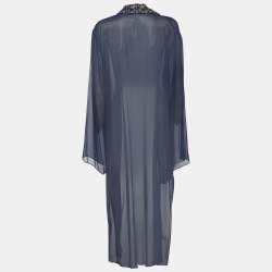 Pre Owned Marina Rinaldi Blue Chiffon Beads Embellished Long Cardigan L