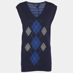 Pre Owned Marina Sport by Marina Rinaldi Blue Striped Knit Half Sleeve Sweater L