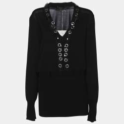 Pre Owned Marina Rinaldi Black Stretch Knit Embellished Long Sleeve Blouse L