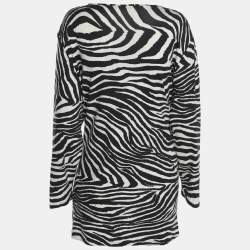 Pre Owned Marina Rinaldi Black/White Zebra Print Jersey V Neck Tops L