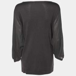 Pre Owned بلوزة مارينا رينالدي رمادي غامق تريكوت مطاطي برقبة دائرية مقاس كبير جدا