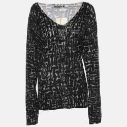 Pre Owned Marina Rinaldi Black/Off White Stretch Knit Scoop Neck Sweater L