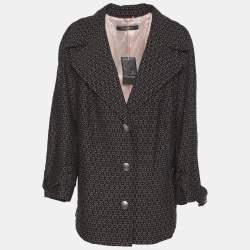Pre Owned Marina Rinaldi Black/Pink Patterned Jacquard Knit Single Breasted Blazer L
