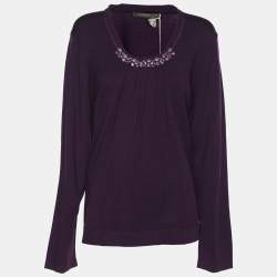 Pre Owned Marina Rinaldi Purple Stretch Knit Crystal Embellished Sweater L
