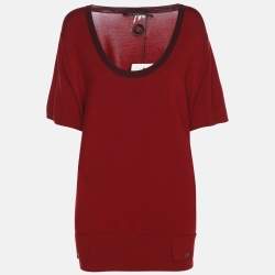 Pre Owned Marina Sport by Marina Rinaldi Red Stretch Knit Scoop Knit Short Sleeve Sweater XL