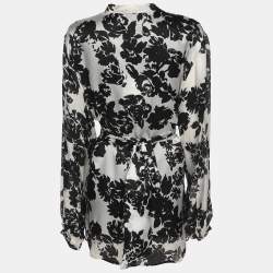 Pre Owned قميص مارينا رينالدي شيفون بأكمام طويلة مطبوع بالأبيض والأسود مقاس كبير