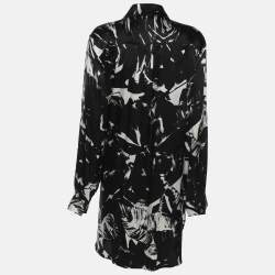 Pre Owned Marina Rinaldi Black/White Printed Silk Button Front Dress L