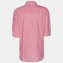 Pre Owned Marina Rinaldi Pink Striped Cotton Button Front Short Sleeve Shirt L