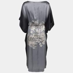 Pre Owned Marina Rinaldi Grey/Black Satin Ornate Print Embellished Sleeveless Midi Dress L