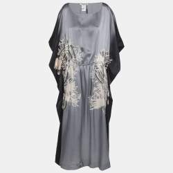 Pre Owned Marina Rinaldi Grey/Black Satin Ornate Print Embellished Sleeveless Midi Dress L