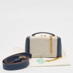Mark Cross Navy Blue/White Canvas and Leather Box Belt Convertible Bag