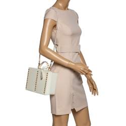 Pre Owned Mark Cross Off White Leather Grace Studded Box Bag