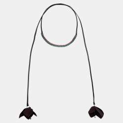 Marni Flower Fabric Crystal Leather Wrap Necklace