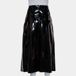 Marni Black Faux Patent Leather Hanging Thread Detail Midi Skirt M