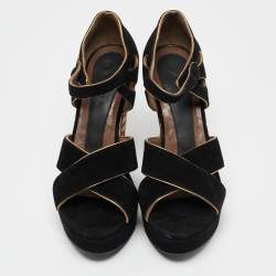 Marni Black/Gold Suede Wedge Ankle Strap Sandals Size 39