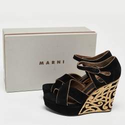 Marni Black/Gold Suede Wedge Ankle Strap Sandals Size 39