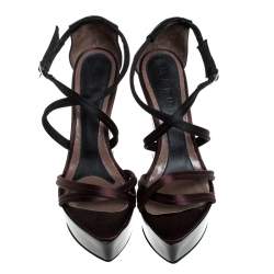 Pre Owned Marni Burgundy/Black Satin Strappy Wedge Platform Sandals Size 38