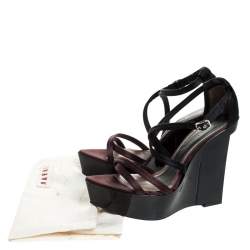 Pre Owned Marni Burgundy/Black Satin Strappy Wedge Platform Sandals Size 38
