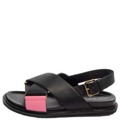 Pre Owned Marni Black/Pink Leather Cross-Strap Sandals Size 39.5