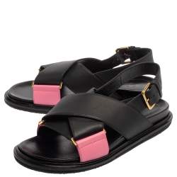Pre Owned Marni Black/Pink Leather Cross-Strap Sandals Size 39.5