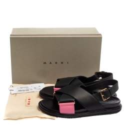 Pre Owned Marni Black/Pink Leather Cross-Strap Sandals Size 39.5