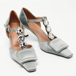 Pre Owned Marni Grey Satin Crystal Embellished T-Bar Pumps Size 39