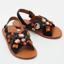 Marni Black Calf Hair Crystal Embellished Slingback Flat Sandals Size 38.5