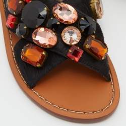 Marni Black Calf Hair Crystal Embellished Slingback Flat Sandals Size 38.5