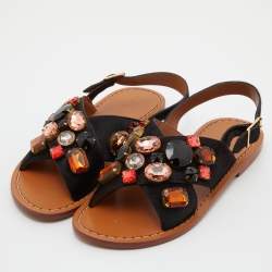 Marni Black Calf Hair Crystal Embellished Slingback Flat Sandals Size 38.5
