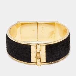 Pre Owned Marni Black Fur Horn Embellished Gold Tone Wide Bracelet