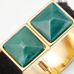 Pre Owned Marni Black Fur Horn Embellished Gold Tone Wide Bracelet