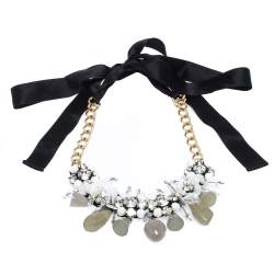 Pre Owned Marni Crystal Bead Embellished Black Ribbon Statement Tie-up Necklace