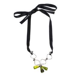 Pre Owned Marni Green Teardrop Beads Silver Tone Black Ribbon Self-Tie Necklace