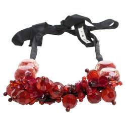 Pre Owned Marni Crimson Red Crystal and Paillette Embellished Ribbon Necklace