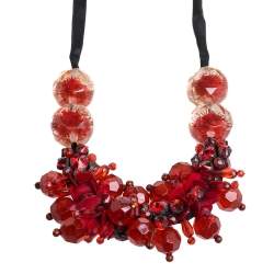Pre Owned Marni Crimson Red Crystal and Paillette Embellished Ribbon Necklace