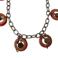 Marni Red Resin and Wood Leather Tag Necklace