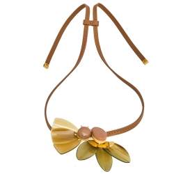 Pre Owned Marni Beige Leather Floral Horn Pendant Adjustable Necklace