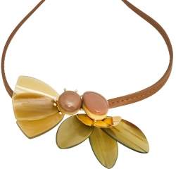 Pre Owned Marni Beige Leather Floral Horn Pendant Adjustable Necklace