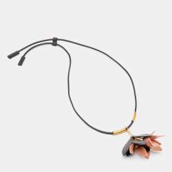 Marni Gold Tone & Leather Resin Floral Pendant Adjustable Necklace