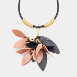 Marni Gold Tone & Leather Resin Floral Pendant Adjustable Necklace