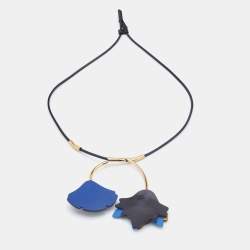Pre Owned Marni Black Leather Floral Pendant Gold Tone Necklace